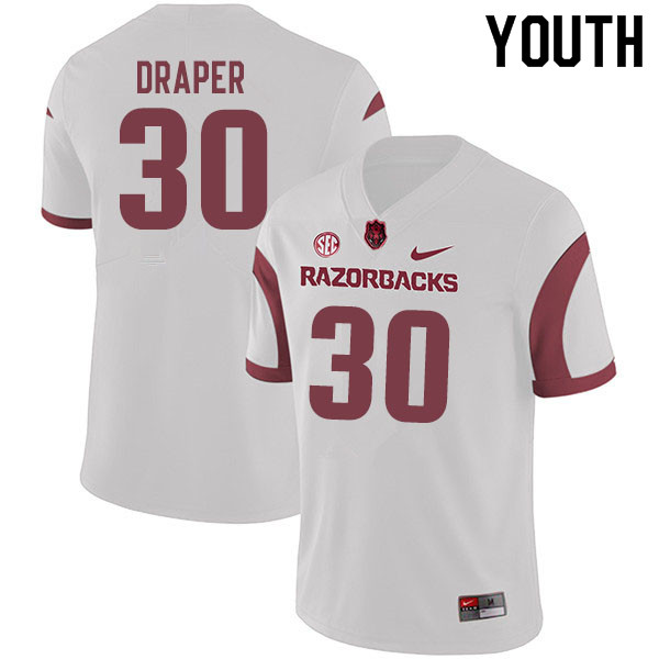 Youth #30 Levi Draper Arkansas Razorbacks College Football Jerseys Sale-White